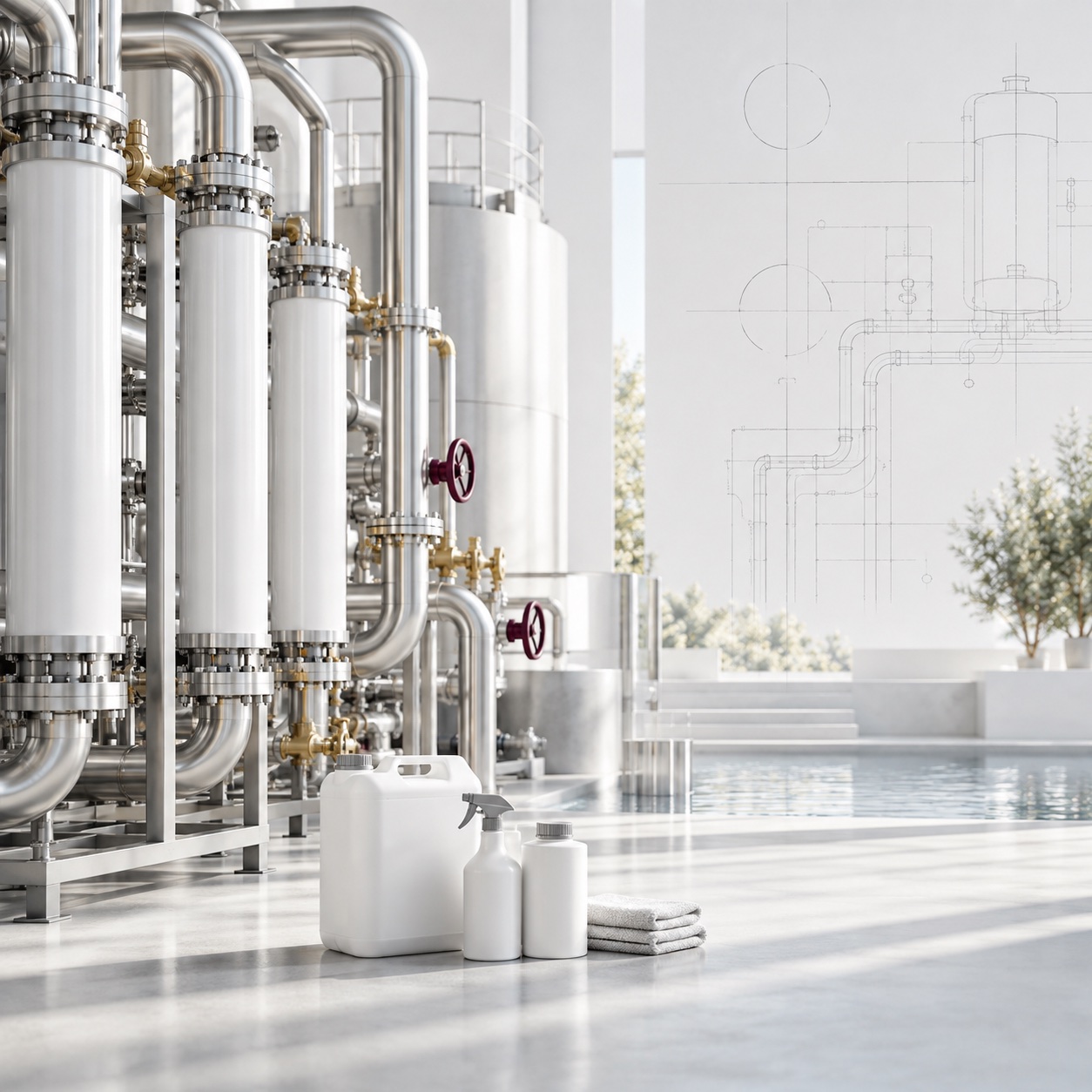 Concept illustration of facility cleaning supplies and water-treatment systems